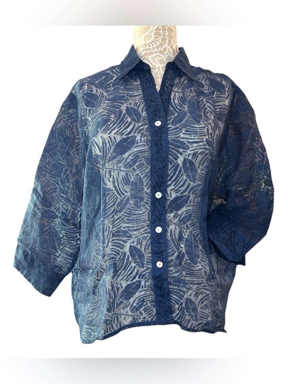 Coldwater Creek, Blue semi-sheer tropical leaf button Down Top